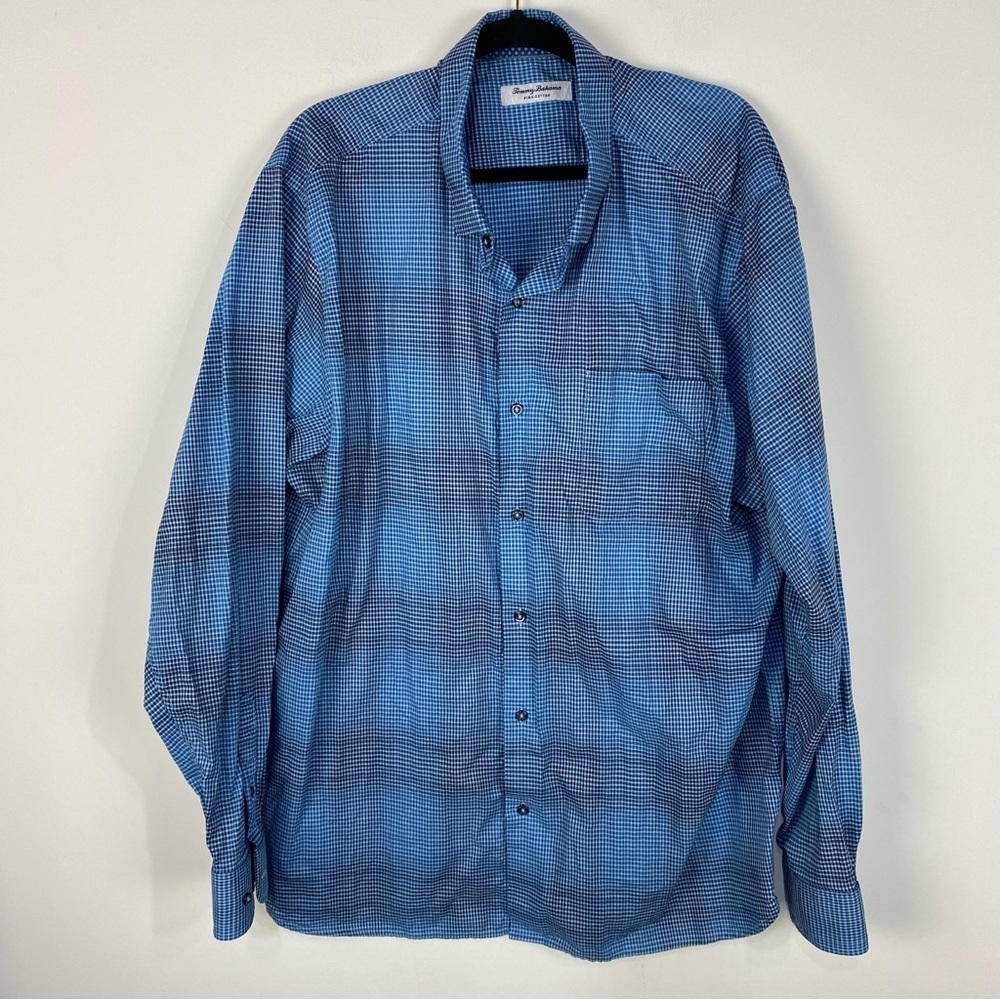 Tommy Bahama Pima Cotton Blue Plaid Button Down Long sleeve Top